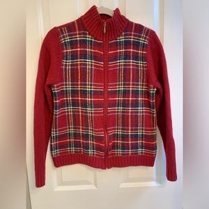 Eddie Bauer Lambs Wool Full Zip Cardigan Sweater  - Large - Dark Red Plaid - VGC